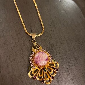 Vintage Elegant Gold and Pink Pendant Necklace